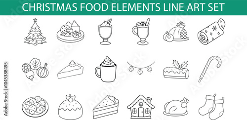 A set of 18 black and white line drawings of Christmas food and decor elements, including desserts, drinks, and ornaments.