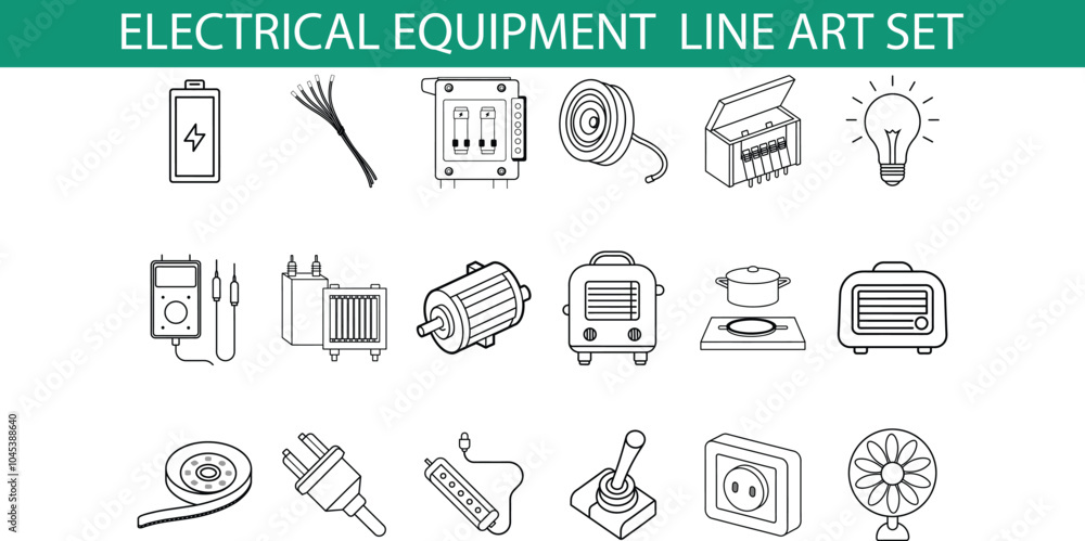 A set of line art icons depicting various electrical equipment including a battery, a lightbulb, a fan, a toaster, a radio, a plug, a switch, and a wire spool. A set of line art icons depicting various electrical equipment including a battery, a lightbulb, a fan, a toaster, a radio, a plug, a switch, and a wire spool.