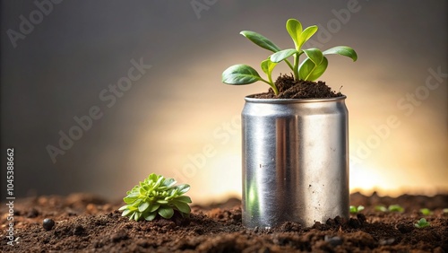 A beer can used as a planter for small plants with soil and a tiny greenery arrangement on top, artistic expression, unusual plant display, quirky home decor, DIY gardening, upcycled gardening photo