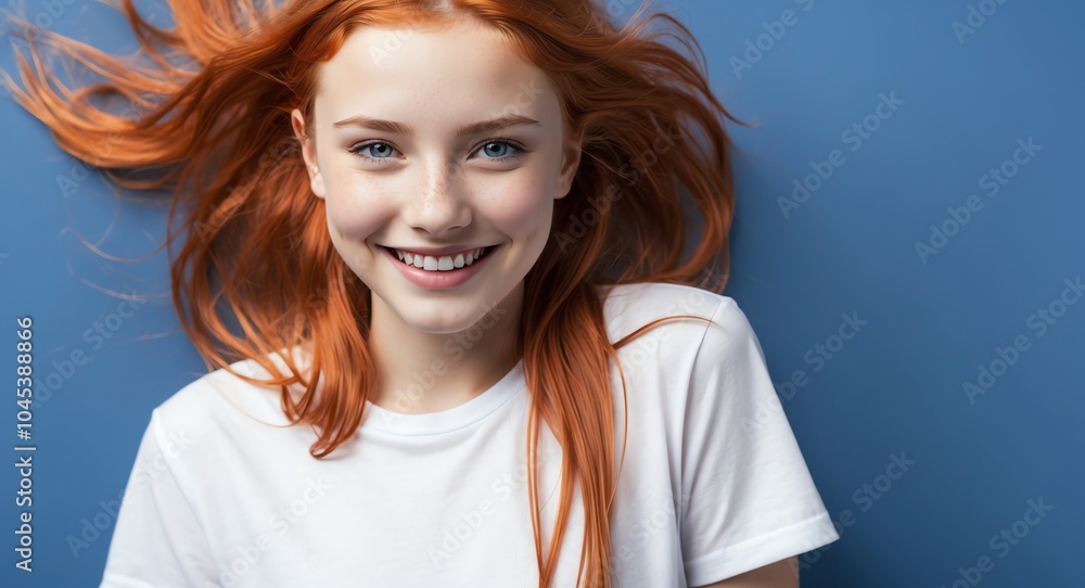 redhead teen girl blue background wearing plain white tshirt smiling happy portrait redhead teen girl blue background wearing plain white tshirt smiling happy portrait