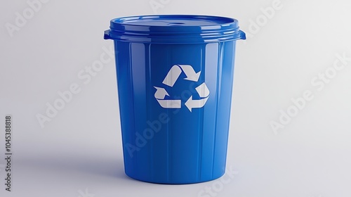 A blue recycling bin with a prominent recycling symbol, designed for waste separation in an environmentally friendly setting