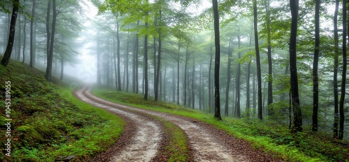 A winding path through a misty forest, inviting exploration and tranquility.