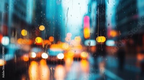 Rainy evening in a bustling city with blurred car lights and vibrant reflections on wet pavement showcasing urban life