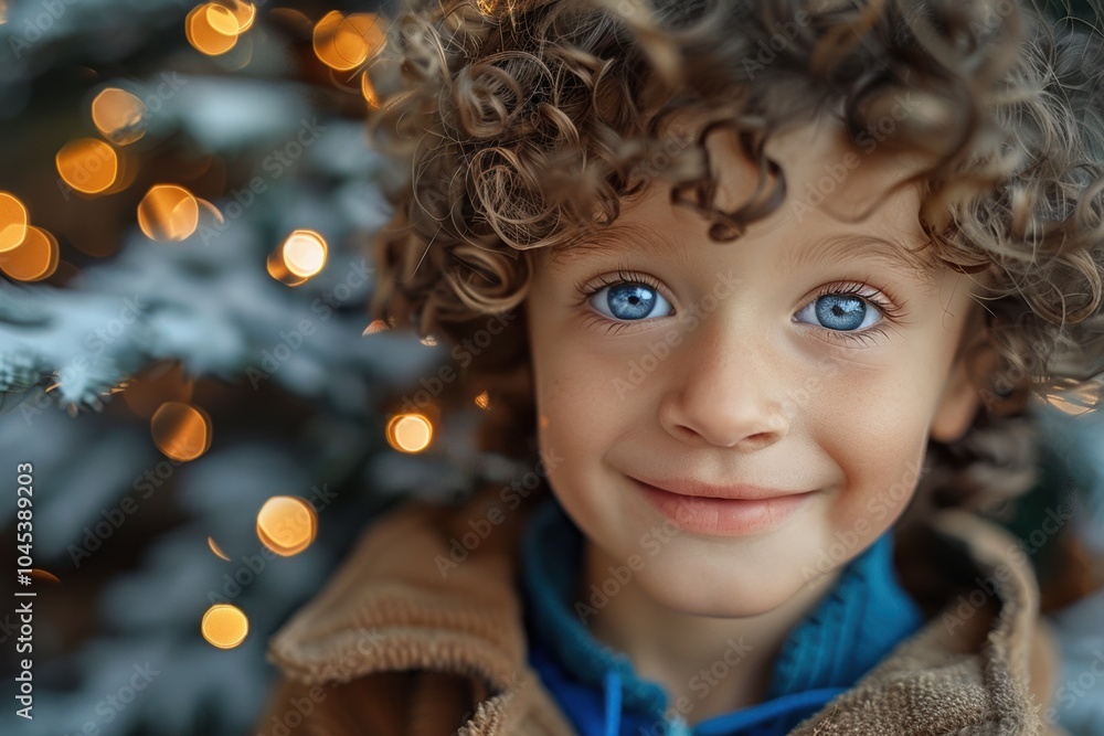 Portrait of a cute happy boy with blue eyes and curly hair near a Christmas tree Portrait of a cute happy boy with blue eyes and curly hair near a Christmas tree