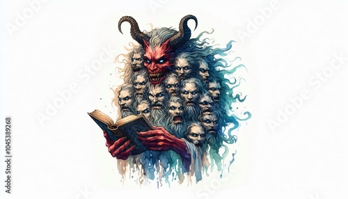 Dantalion, Appears as a man with many faces, holding a book, a demon in watercolor illustration photo