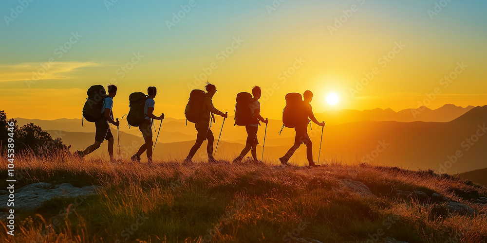 Group of hikers walking on mountain ridge at sunset Group of hikers walking on mountain ridge at sunset
