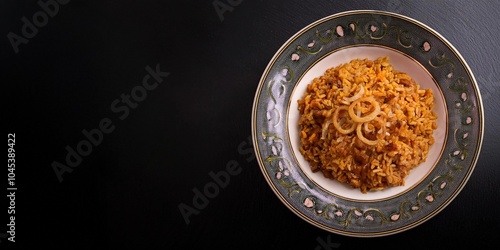 Traditional Mujadara dish - Lentils and Rice with Crispy Onion on a plate, black background. Banner with space for text.  photo