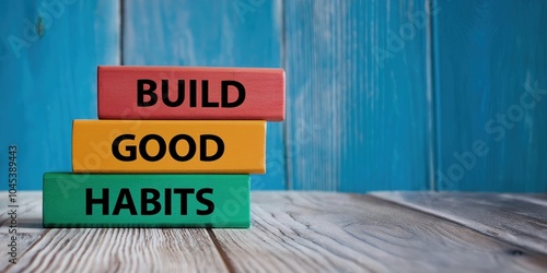 Build good habits words on wooden blocks. Motivation and self-development concept. Rustic wooden background with space for text. 
