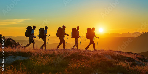 Group of hikers walking on mountain ridge at sunset