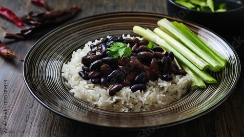 Black soybeans cooked in spices served with brown basmati rice and celery stalks. photo