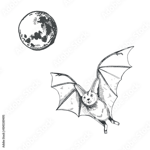 Bat and moon, bat flying under the full moon. All objects are hand-drawn with ink and transferred to vector. Halloween illustration. Suitable for posters, printing on invitations, postcards.