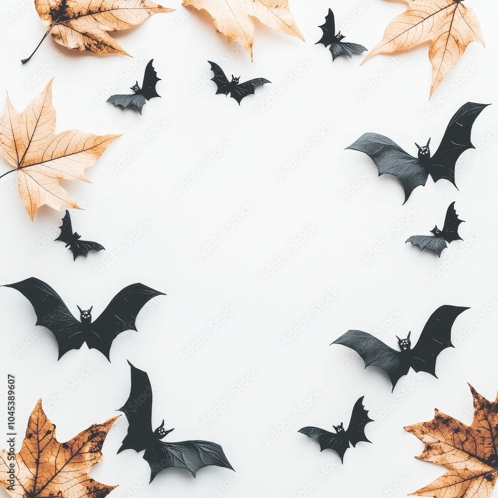 Fototapeta premium A circular arrangement of black bats surrounded by autumn leaves on a light background, creating a spooky and seasonal atmosphere.