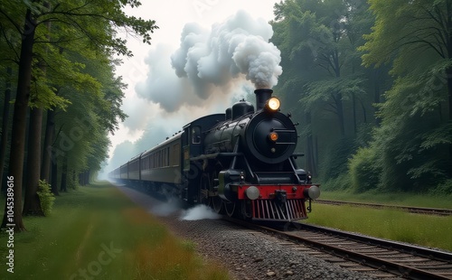 train on a train track The locomotive moves among the mountains and beautiful nature along the rails Smoke from the chimney of a retro train