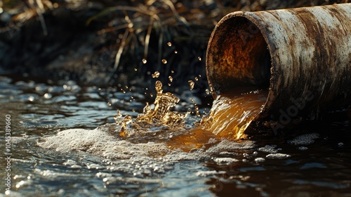 Wallpaper Mural Brownish water splashing from a wrack water pipe into a polluted creek, creating ripples. Torontodigital.ca