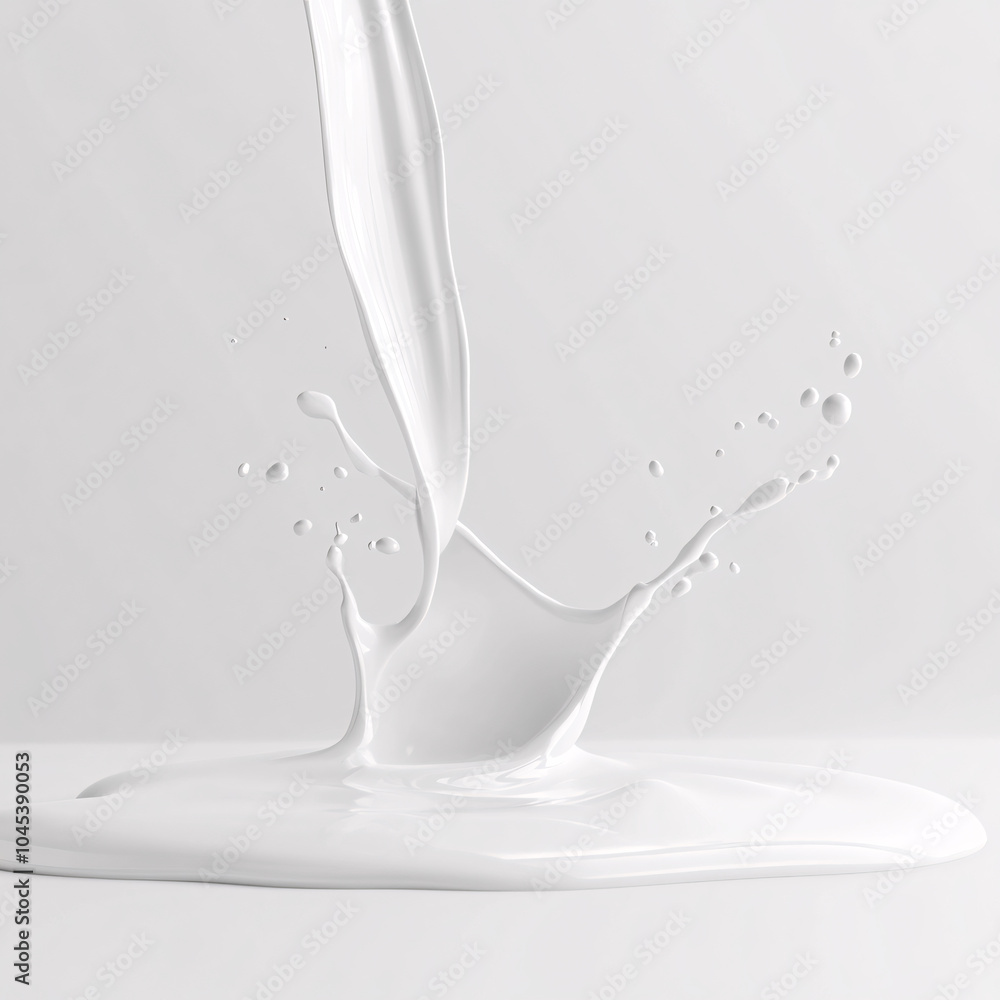 A splash of white liquid creating ripples and droplets against a plain white background, showcasing the beauty of motion and fluidity. A splash of white liquid creating ripples and droplets against a plain white background, showcasing the beauty of motion and fluidity.