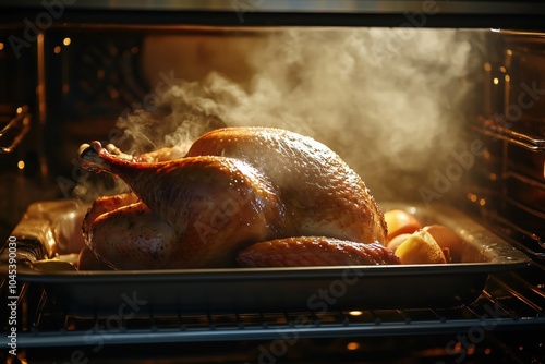 A delicious roast turkey being cooked in an oven, emitting steam and a flavorful aroma.