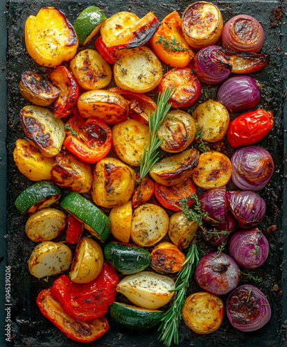  a rustic baking sheet filled with freshly roasted vegetables, including colorful peppers, onions, potatoes, zucchini and whole garlic cloves. Ai generative.