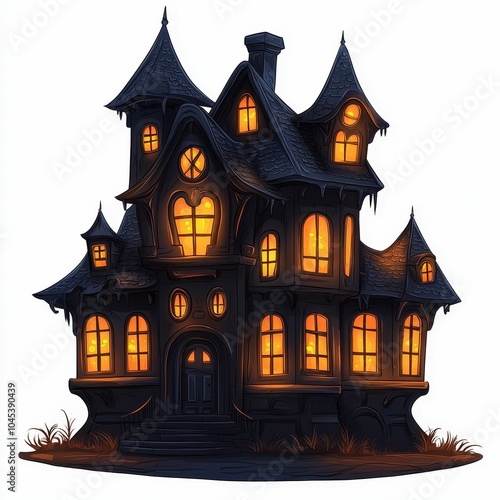 A spooky, dimly lit house with multiple gables and glowing windows, exuding an eerie charm typical of haunted mansions.