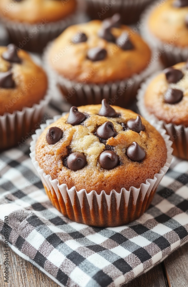 close-up of the baked chocolate chip muffins, placed on top of an elegant checkered kitchen towel close-up of the baked chocolate chip muffins, placed on top of an elegant checkered kitchen towel