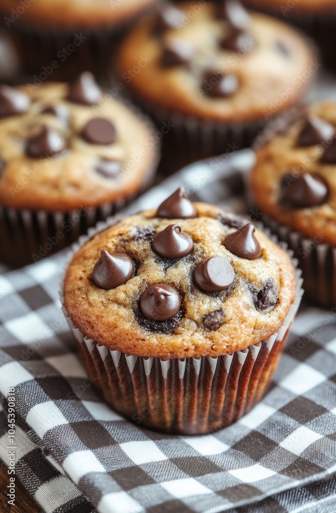 A close-up of the baked banana chocolate chip muffins, placed on top of an elegant checkered kitchen towel A close-up of the baked banana chocolate chip muffins, placed on top of an elegant checkered kitchen towel