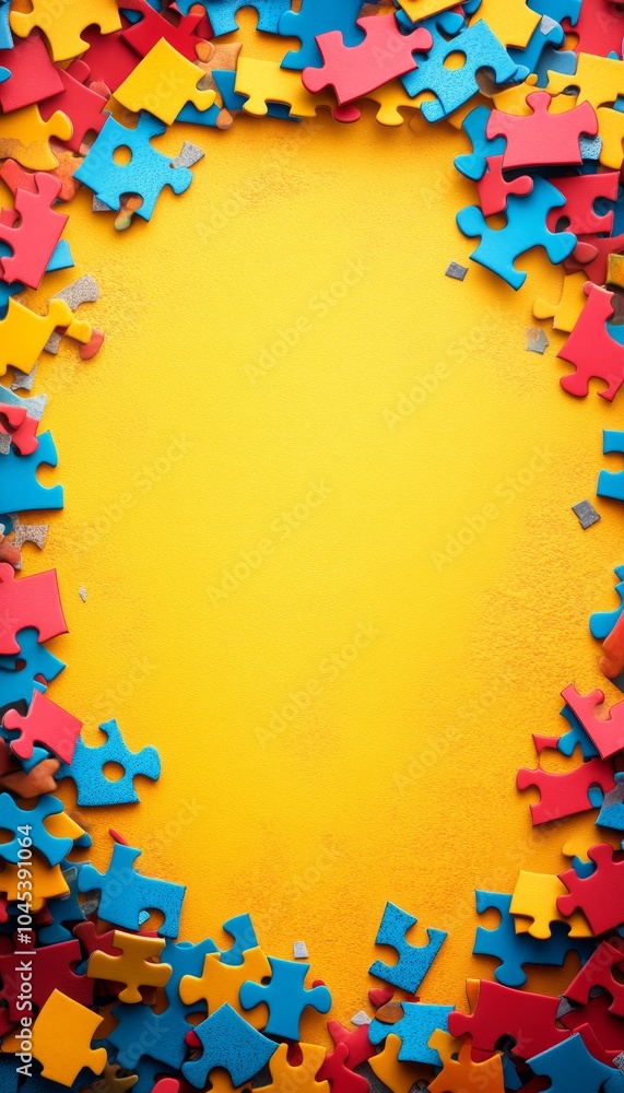 Vibrant Puzzle Pieces Frame on Yellow Background, Conceptual Image for Problem Solving Vibrant Puzzle Pieces Frame on Yellow Background, Conceptual Image for Problem Solving