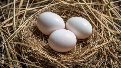 The image depicts three white eggs neatly arranged within a nest made of straw. The setting conveys a rustic, natural atmosphere, emphasizing a connection with rural life. generative AI