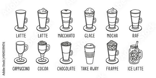 Hand drawn collection coffee shop menu with glace, latte, macchiato, mocha, raf, ice latte, cocoa, chocolate, frappe, cappuccino, take away coffee doodle