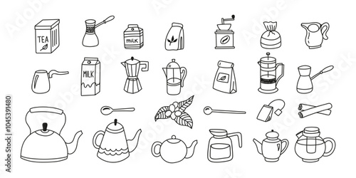 Hand drawn collection morning beverage coffee or tea with milk, kettle, turk, tea box and bag, coffee maker, teapot, coffee beans, spoon, cinnamon doodle