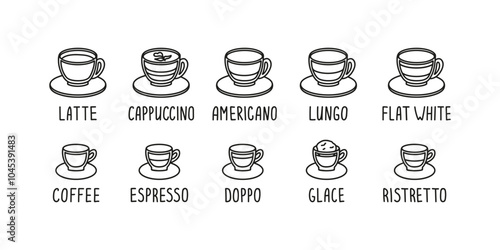 Hand drawn collection coffee shop menu with espresso, doppio, glace, ristretto, latte, cocoa, chocolate, cappuccino, americano, lungo, flat white coffee doodle