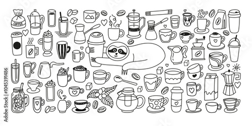 Hand drawn tea, coffee doodle set with milk, cups, kettle, coffee maker, turk, utensils and sloth