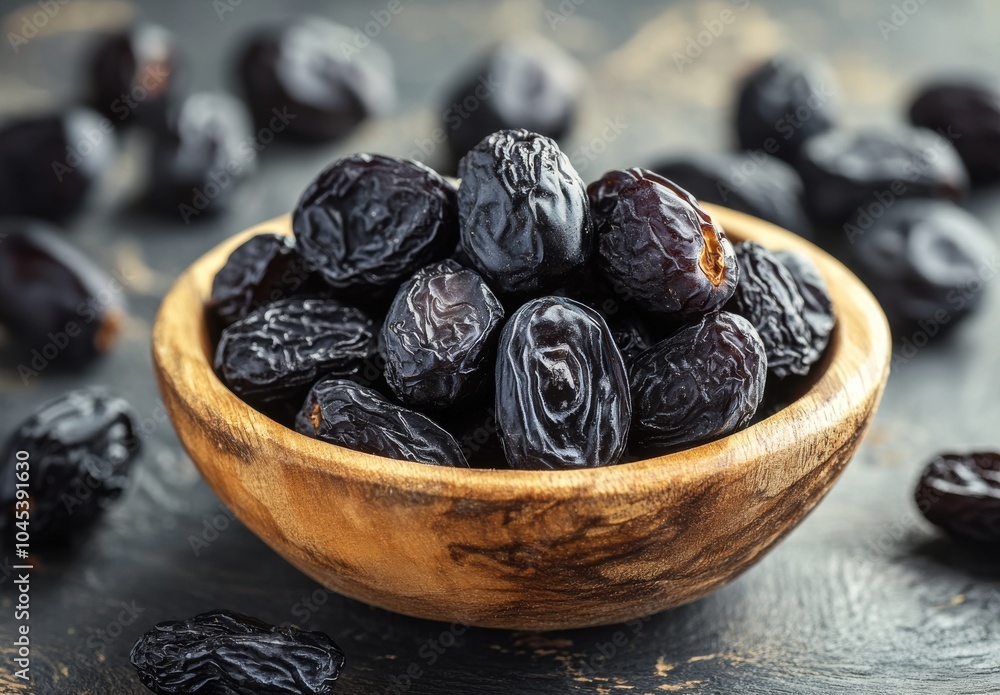 A wooden bowl filled with plump, succulent black dried fruits placed on a textured surface surrounded by additional dried fruits creating an appealing food display A wooden bowl filled with plump, succulent black dried fruits placed on a textured surface surrounded by additional dried fruits creating an appealing food display