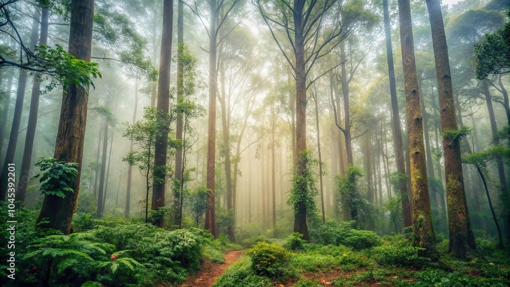 Fototapeta premium A misty forest with dense foliage and towering trees in a greyish-brown hue, shaded landscape, overgrown vegetation, mysterious atmosphere, greyish-brown