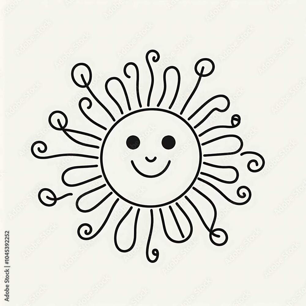 Cute line drawing of a smiling sun with curly rays, minimalist black and white illustration, playful cartoon sun art
Cute line drawing of a smiling sun with curly rays, minimalist black and white illustration, playful cartoon sun art
