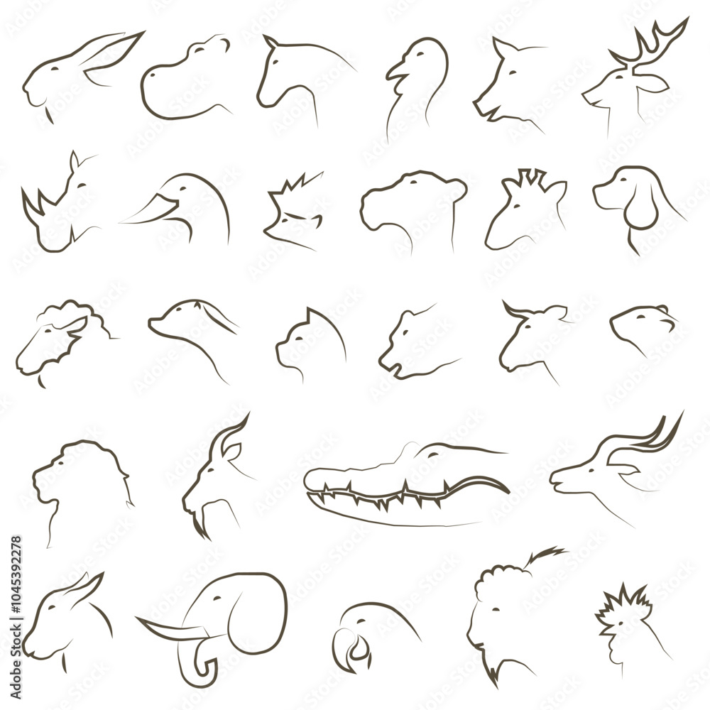 Fototapeta premium Animal icons on a white background. A set of profiles of various animals and birds. Animals in profile.