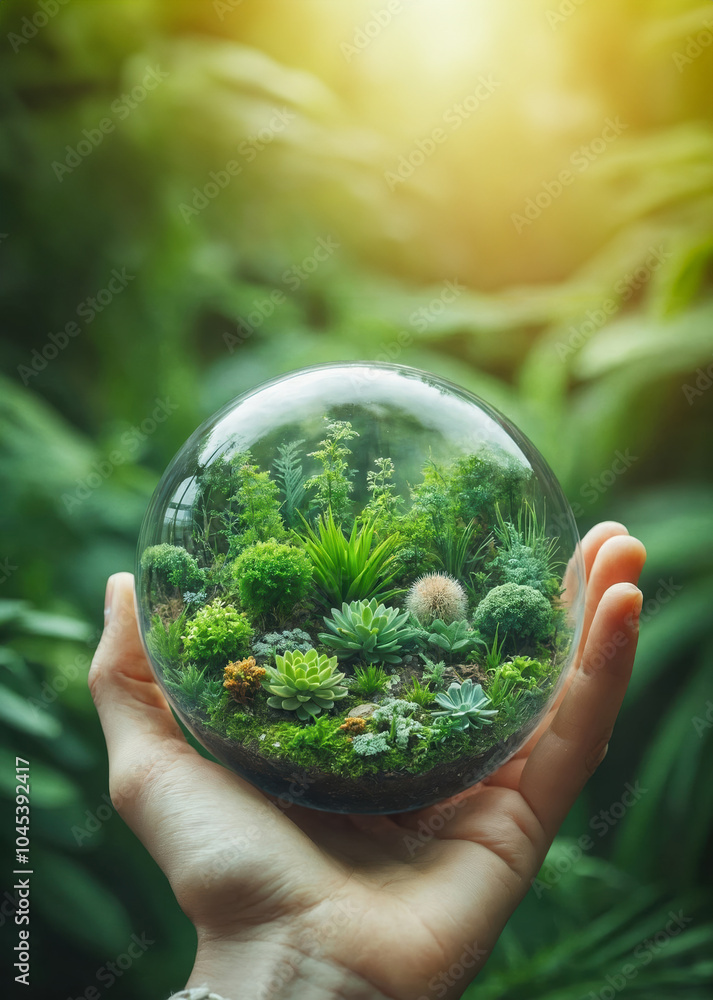 hand holding a glass sphere with lushy forest inside it hand holding a glass sphere with lushy forest inside it
