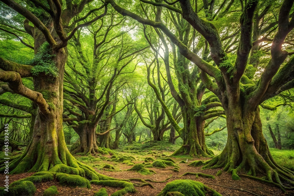 Naklejka premium Ancient forest with gnarled tree trunks and overgrown vegetation, woodland, foliage, vines, forest