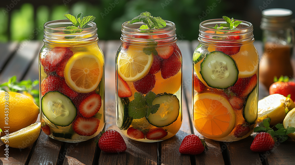 Refreshing Natural Drink Jars of water filled with fresh fruits and herbs Refreshing Natural Drink Jars of water filled with fresh fruits and herbs