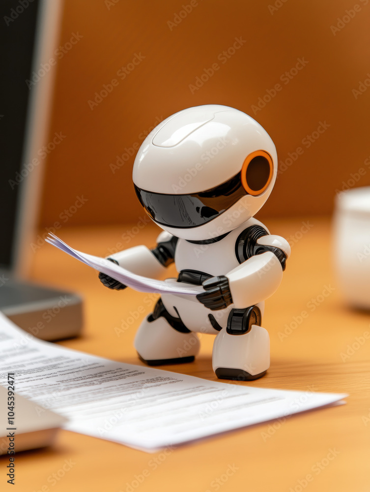 small robot is handling paperwork on wooden desk, showcasing futuristic approach to managing legal documents. Its design reflects advanced technology and innovation small robot is handling paperwork on wooden desk, showcasing futuristic approach to managing legal documents. Its design reflects advanced technology and innovation