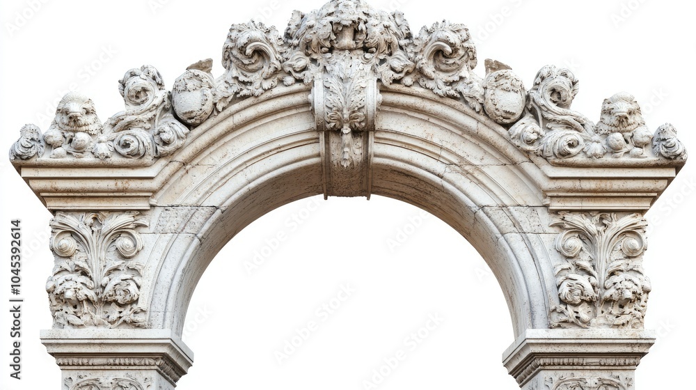Naklejka premium Classic stone arc gate with detailed carvings, isolated against a white background.