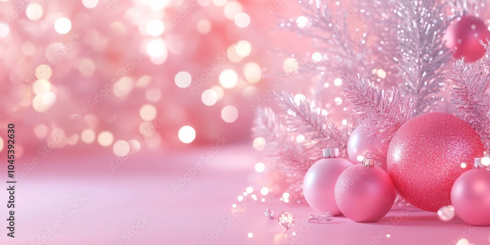 A dynamic 3D rendering of a pink holiday scene with lights and decorations, isolated against a bright background A dynamic 3D rendering of a pink holiday scene with lights and decorations, isolated against a bright background