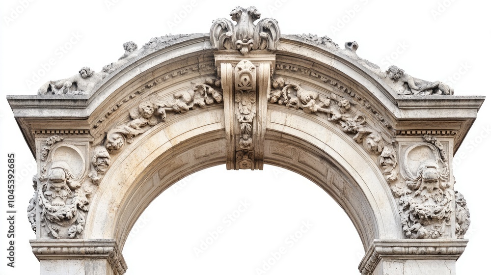 Naklejka premium Classic stone arc gate with detailed carvings, isolated against a white background.