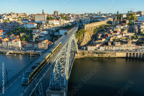 Porto City, Douro River and Dom Luis Bridge I with Trams in Morning. View from Famous Tourist Viewpoint Miradouro da Serra do Pilar. Portugal