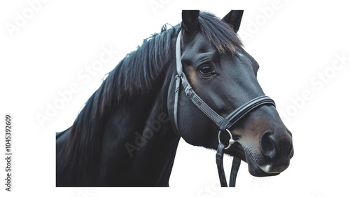 A close-up view of a majestic black horse wearing a bridle against a transparent background, showcasing its features and elegance. photo