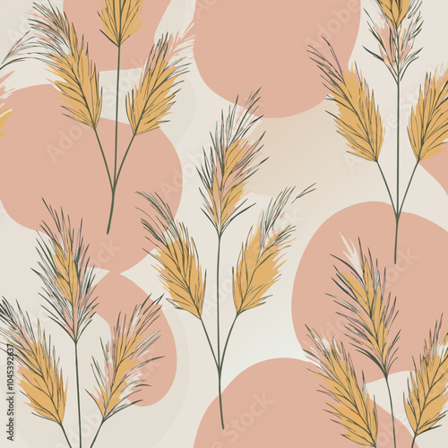 Golden Pampas grass seamless vector pattern. Silver panicle Cortaderia selloana. Floral ornamental grass. feathery flower head plumes, for wallpaper, arrangements, ornamental displays, decoration. 
