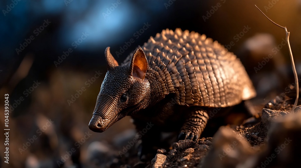 Obraz premium A small armadillo with a textured shell and large ears, looking forward in a forest setting.