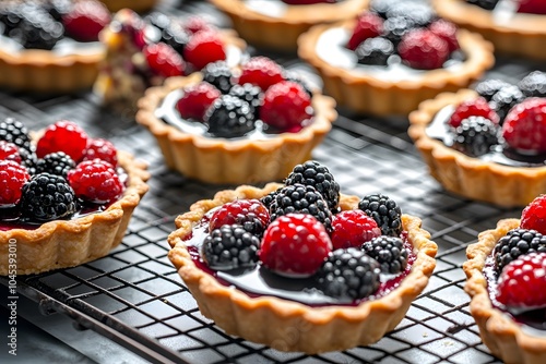 A tray of berry tarts with a glossy filling, showcasing vibrant red and black fruits.