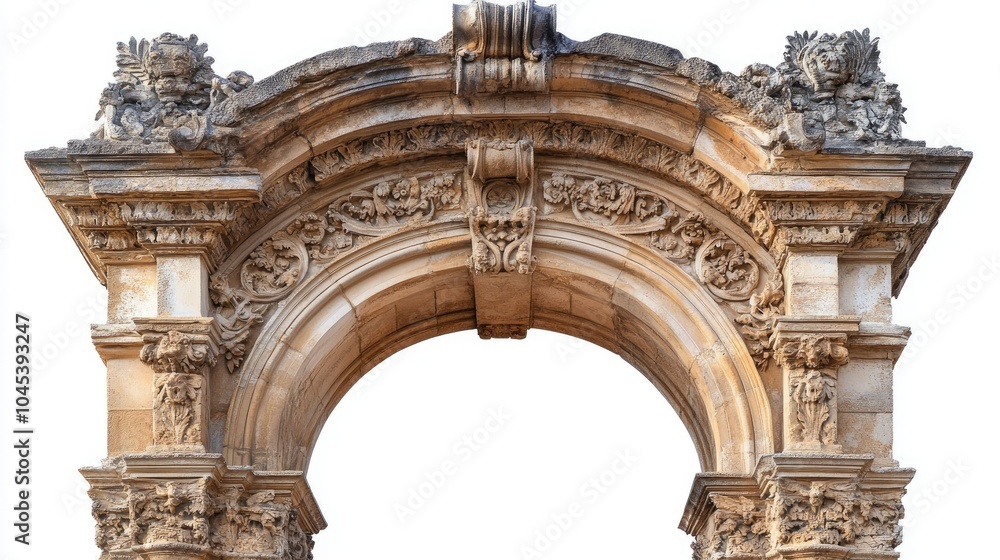 Obraz premium Classic stone archway with intricate carvings, isolated on white.