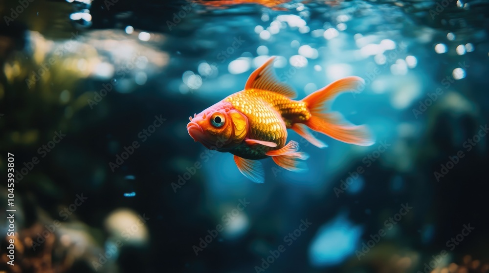 Close-up of a bright orange goldfish in an aquarium pond, swimming gracefully. Close-up of a bright orange goldfish in an aquarium pond, swimming gracefully.
