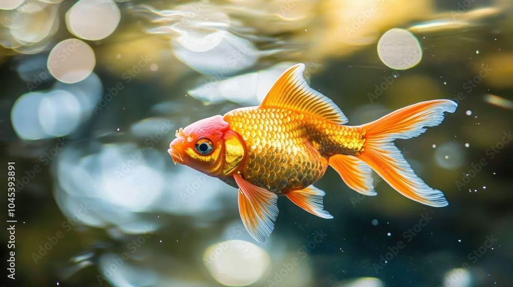 Close-up of a bright orange goldfish swimming in a clear pond, with shimmering scales. Close-up of a bright orange goldfish swimming in a clear pond, with shimmering scales.