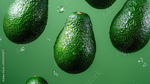 Fresh avocados suspended in mid-air with water droplets on a vibrant green background for a healthy lifestyle appeal